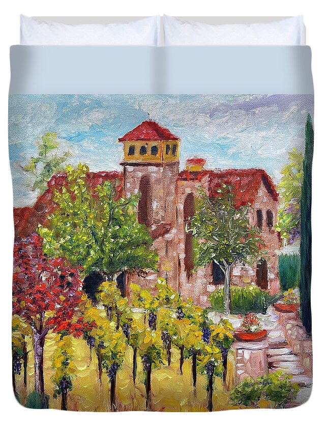 Lorimar Vineyard And Winery Duvet Cover featuring the painting Lorimar in Autumn by Roxy Rich