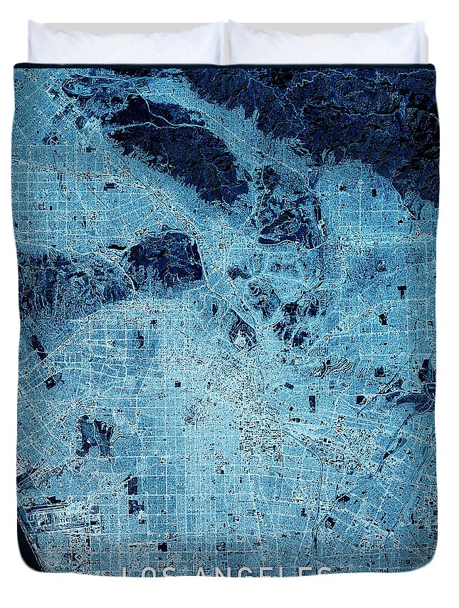 Los Angeles Duvet Cover featuring the digital art Los Angeles USA 3D Render Map Blue Top View Mar 2019 by Frank Ramspott