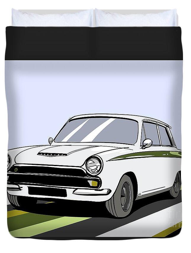 Sports Car Duvet Cover featuring the digital art Lotus Cortina Classic British Sports Racing Touring Car - Vector Back Version by Moospeed Art