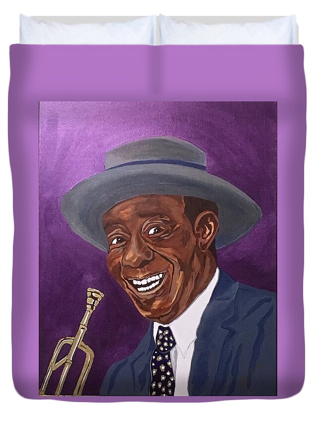 Louis Armstrong Duvet Cover featuring the painting Louis Sporting a New Hat by Bill Manson