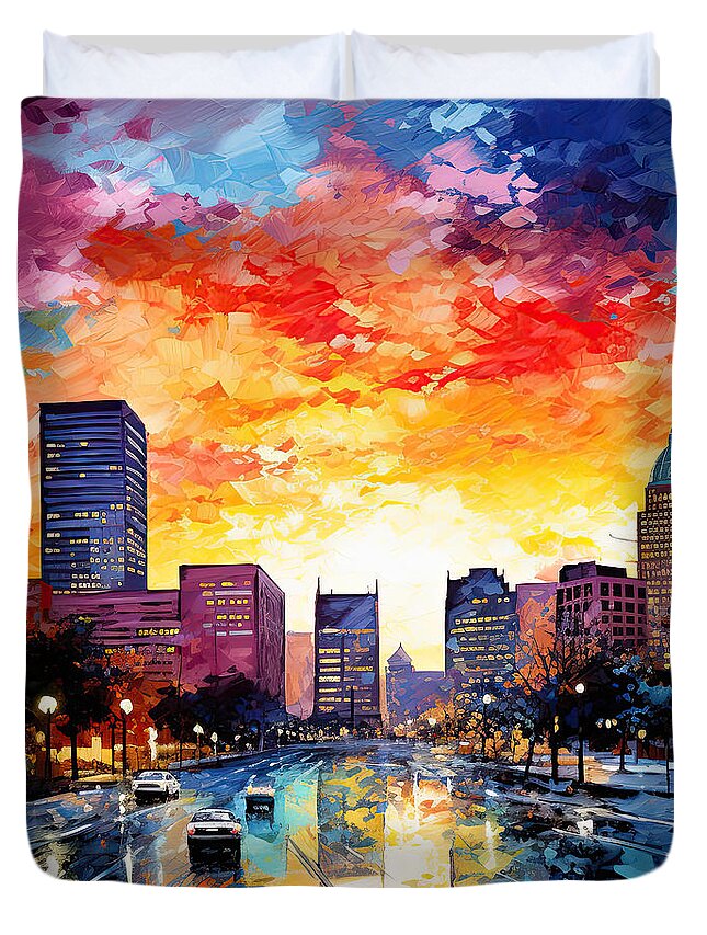 Downtown Louisville Duvet Cover featuring the painting Louisville Kentucky Sunset - Symphony of Orange, Magenta, Red, Blue, and Yellow by Lourry Legarde