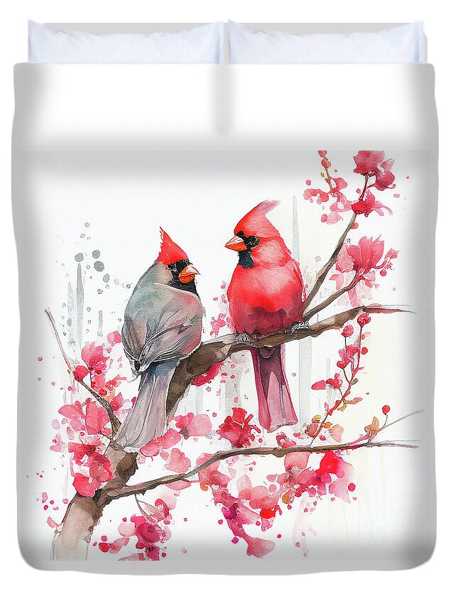 Love Cardinals Duvet Cover featuring the digital art Love Cardinals sitting on a Blossom Tree by Laura's Creations