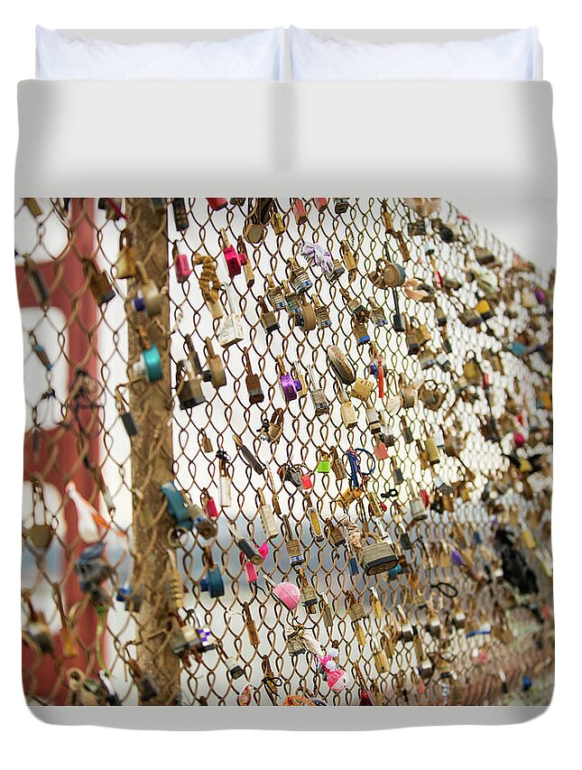 Locks Duvet Cover featuring the photograph Love Locks Over The Golden Gate by Todd Aaron