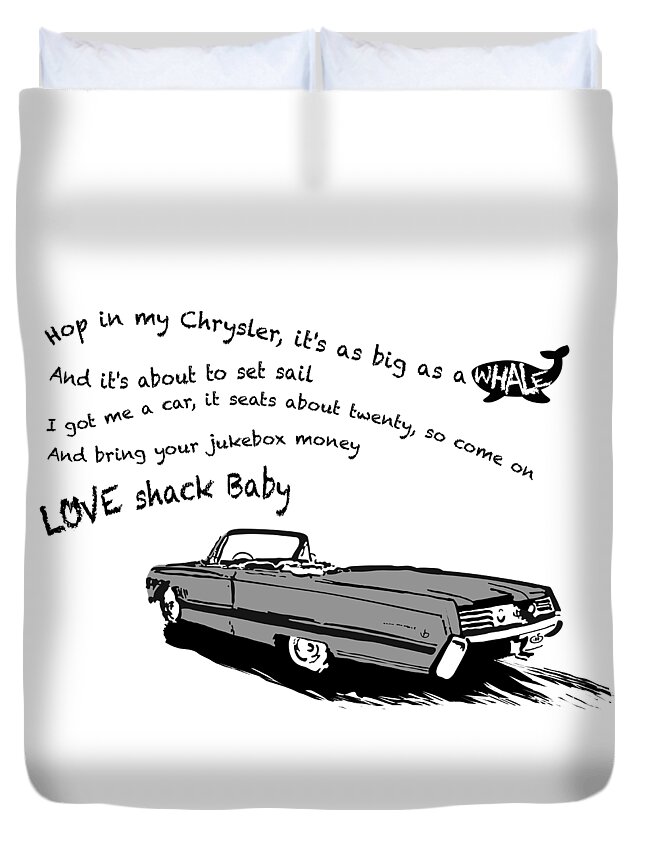 Petrolhead Duvet Cover featuring the digital art Love Shack Whale Classic Chrysler car, catchy song, funky design - Battleship Grey Edition by Moospeed Art