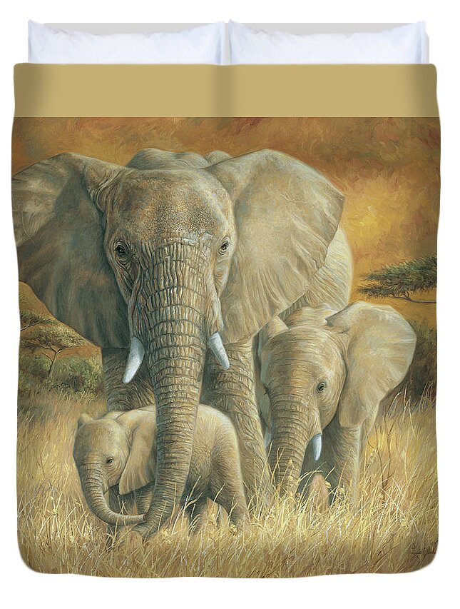 Elephant Duvet Cover featuring the painting Loving Mother by Lucie Bilodeau