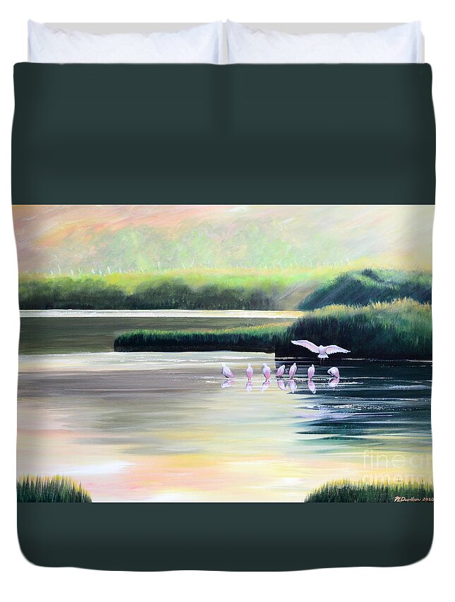 Roseate Spoonbill Duvet Cover featuring the painting Low Country Roseate Spoonbill by Pat Davidson