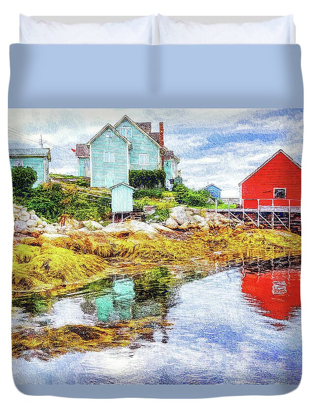 Low Tide Duvet Cover featuring the mixed media Low tide at Peggy's Cove by Tatiana Travelways