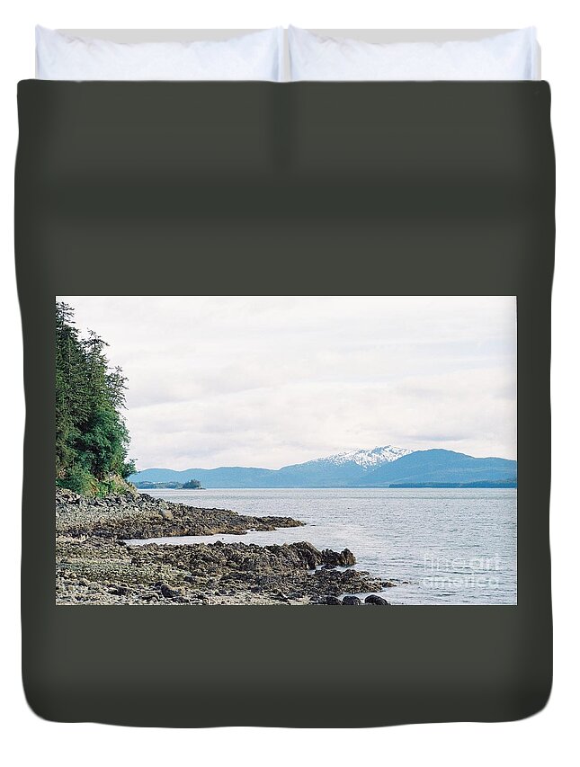 #alaska #ak #juneau #cruise #tours #vacation #peaceful #sealaska #southeastalaska #calm #chilkatmountains #chilkats #capitalcity #lynncanal #shrineofsttherese #clouds #cloudy #35mm #analog #film #summer #sprucewoodstudios Duvet Cover featuring the photograph Low Tide Looking South by Charles Vice