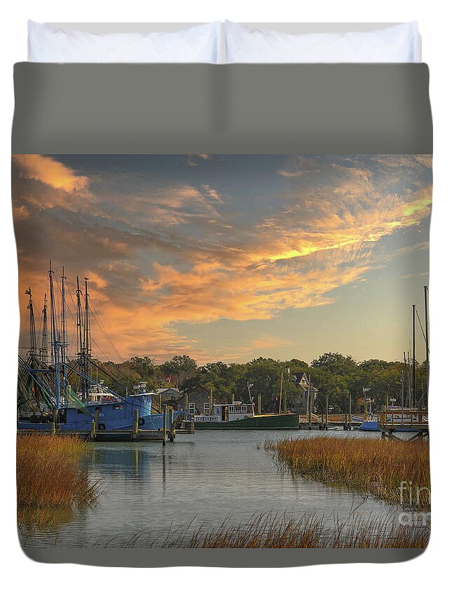 Shem Creek Duvet Cover featuring the photograph Lowcountry Gold - Shem Creek Winter Marsh Grass by Dale Powell