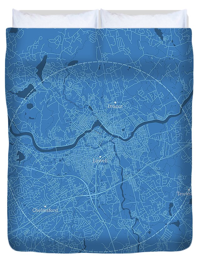 Massachusetts Duvet Cover featuring the digital art Lowell MA City Vector Road Map Blue Text by Frank Ramspott