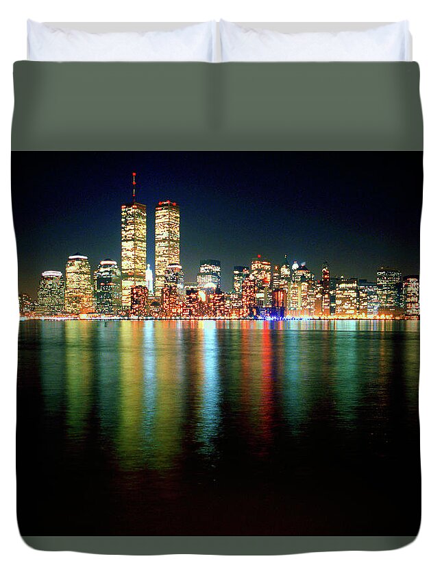 Nighttime Duvet Cover featuring the photograph World Trade Center Twin Towers, Lower Manhattan New York City Nighttime Cityscape 1985 by Kathy Anselmo