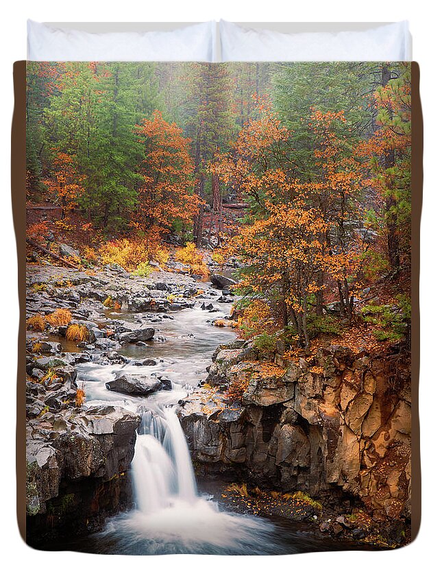 Hiking Duvet Cover featuring the photograph Lower McCloud Falls in Autumn Mist by Mike Lee