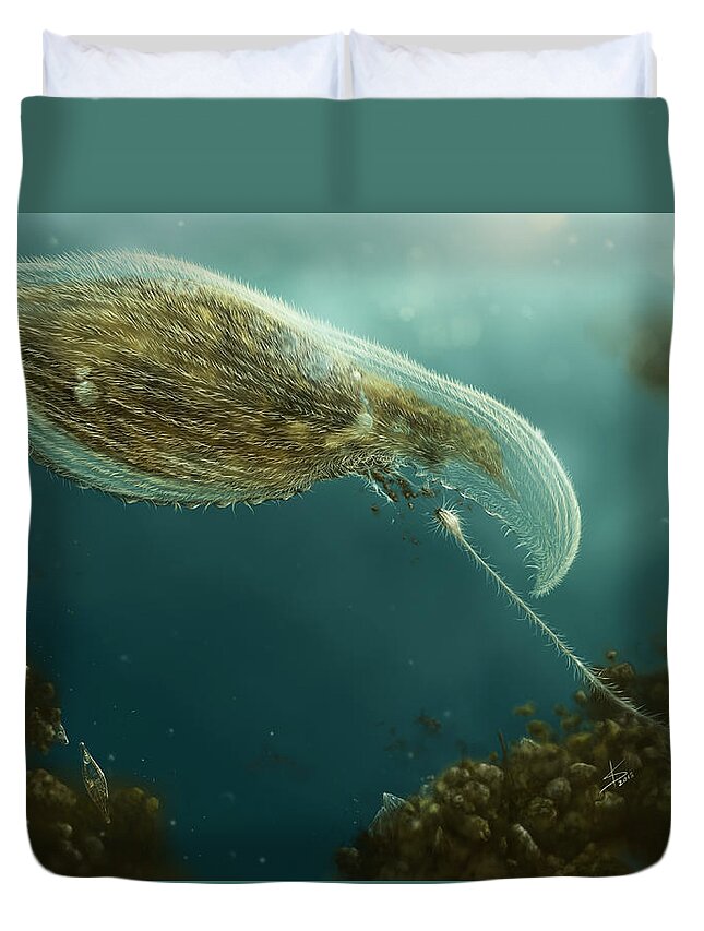 Protozoa Duvet Cover featuring the digital art Loxophyllum attacked by Lacrymaria by Kate Solbakk