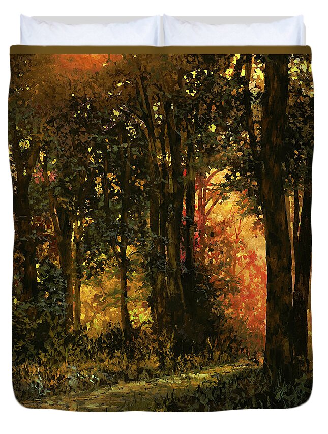 Yellow Light Duvet Cover featuring the painting Luci Gialle Nel Bosco by Guido Borelli