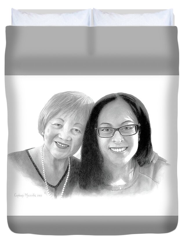 Pencil Duvet Cover featuring the drawing Lucy and Cindy, Mother and Daughter by Conrad Mieschke