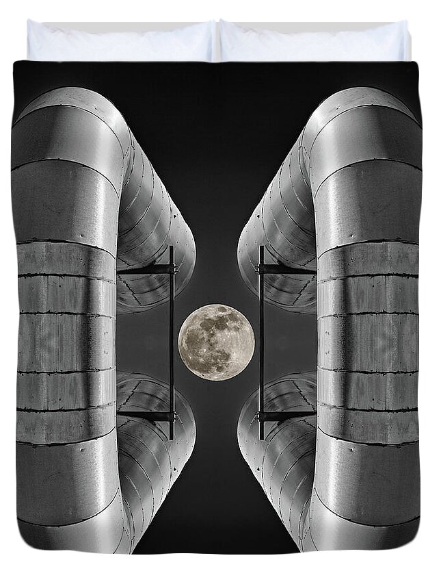 Lunar Duvet Cover featuring the photograph Lunaroyal - mirrored Uniroyal Building Industrial ductting with full moon - square crop by Peter Herman