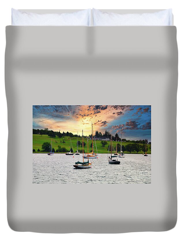 Lunenburg Duvet Cover featuring the photograph  Sunset in Lunenburg Harbour Nova Scotia by Elaine Manley