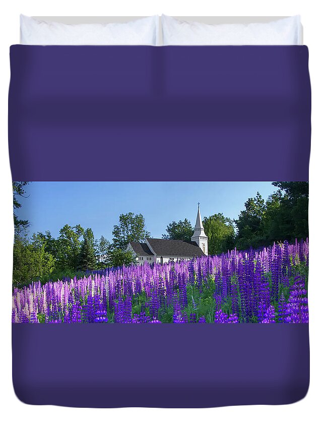 St Duvet Cover featuring the photograph Lupine Church Panorama by White Mountain Images