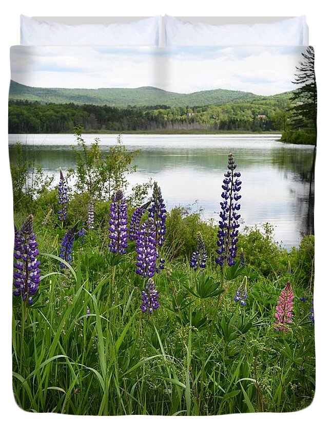 Sugar Hill Duvet Cover featuring the photograph Lupines at the Lake by Steve Brown