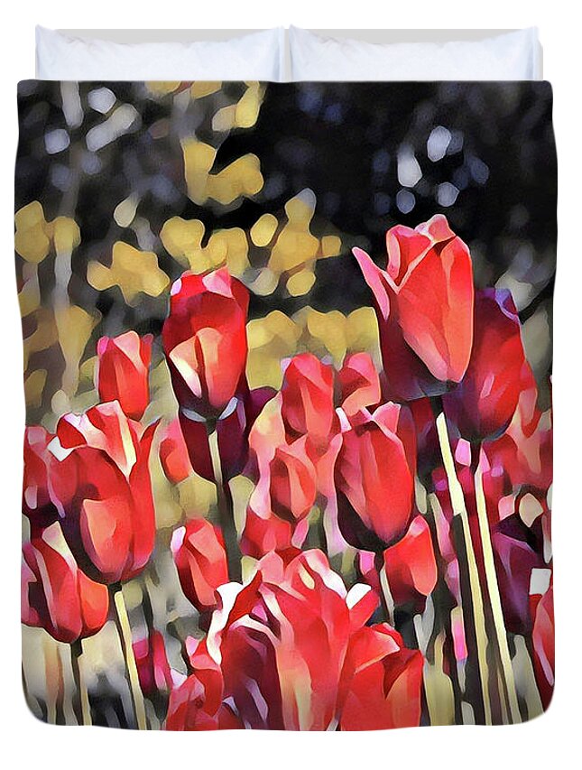 Floral Painting Duvet Cover featuring the digital art Luscious Red Tulips by Mary Gaines