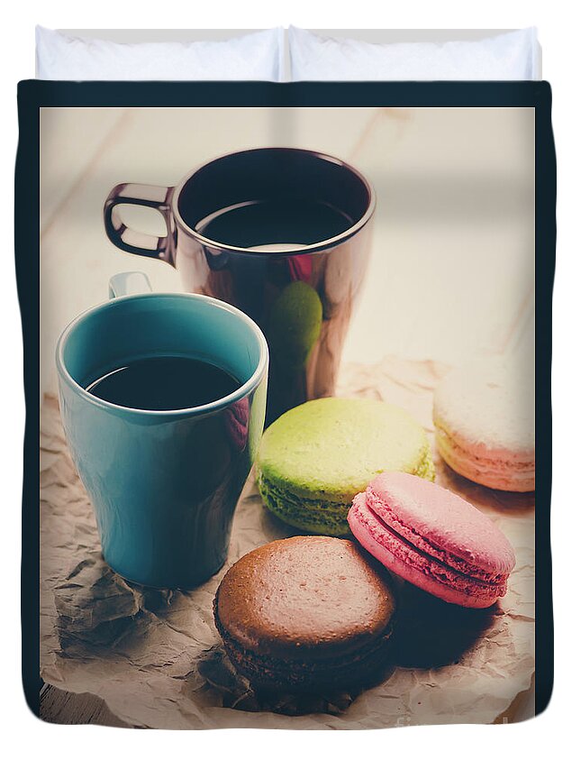 Macaroons Duvet Cover featuring the photograph Macaroons and coffee by Jelena Jovanovic