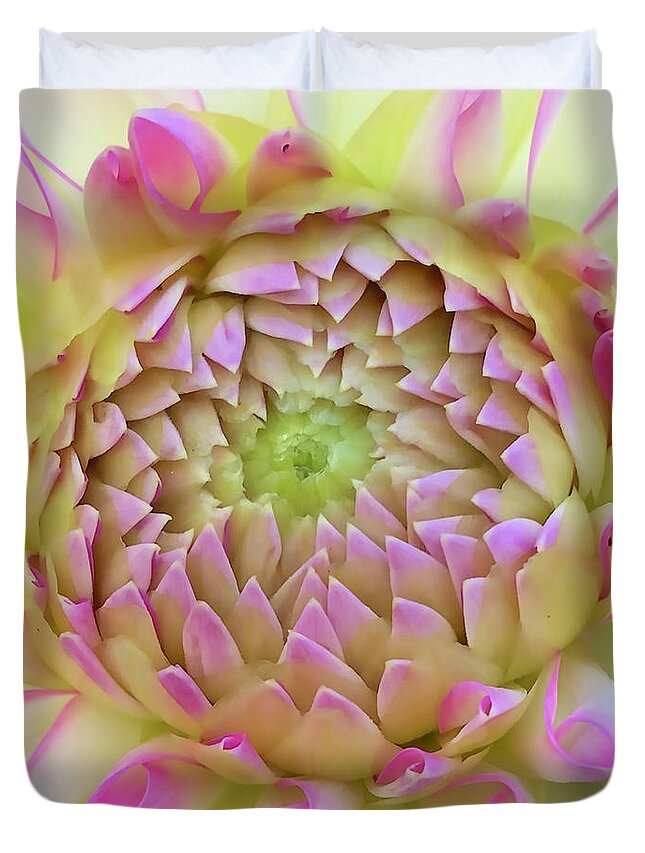 Floral Duvet Cover featuring the digital art Macro Bright Pink, Yellow And White Dahlia Bloom by Kirt Tisdale