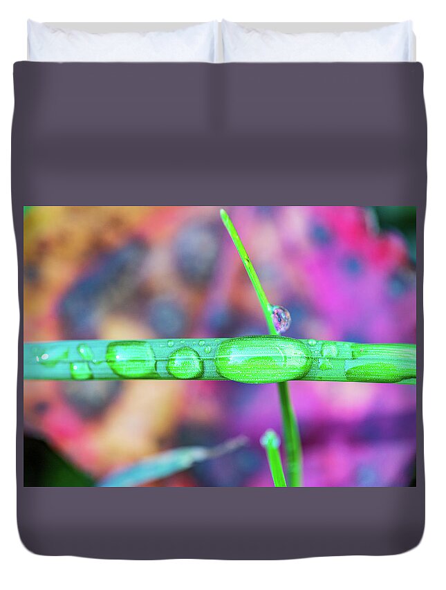 Grass Duvet Cover featuring the photograph Macro Photography - Water Drops on Grass by Amelia Pearn
