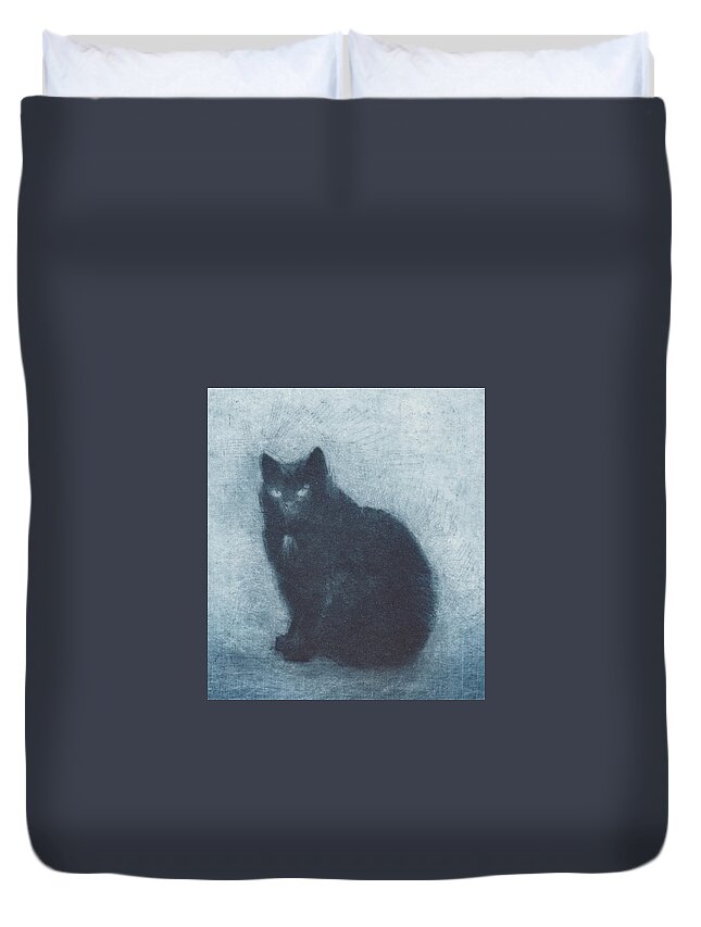 Cat Duvet Cover featuring the drawing Madame Escudier - etching - cropped version by David Ladmore