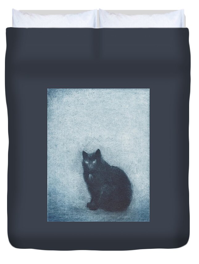 Cat Duvet Cover featuring the drawing Madame Escudier - etching by David Ladmore