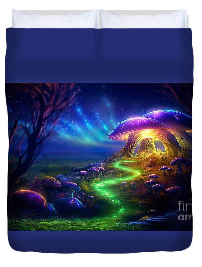 Fireflies Duvet Cover featuring the digital art Magical fairy tale landscape with many shining mushrooms and glow of fireflies. by Odon Czintos