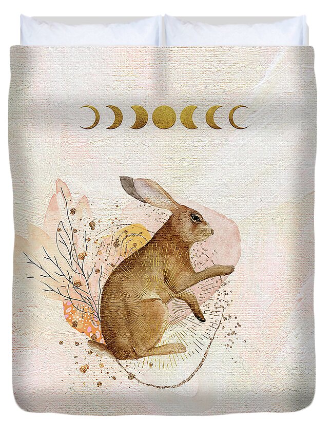 Rabbit Duvet Cover featuring the painting Magical Forest Rabbit by Garden Of Delights