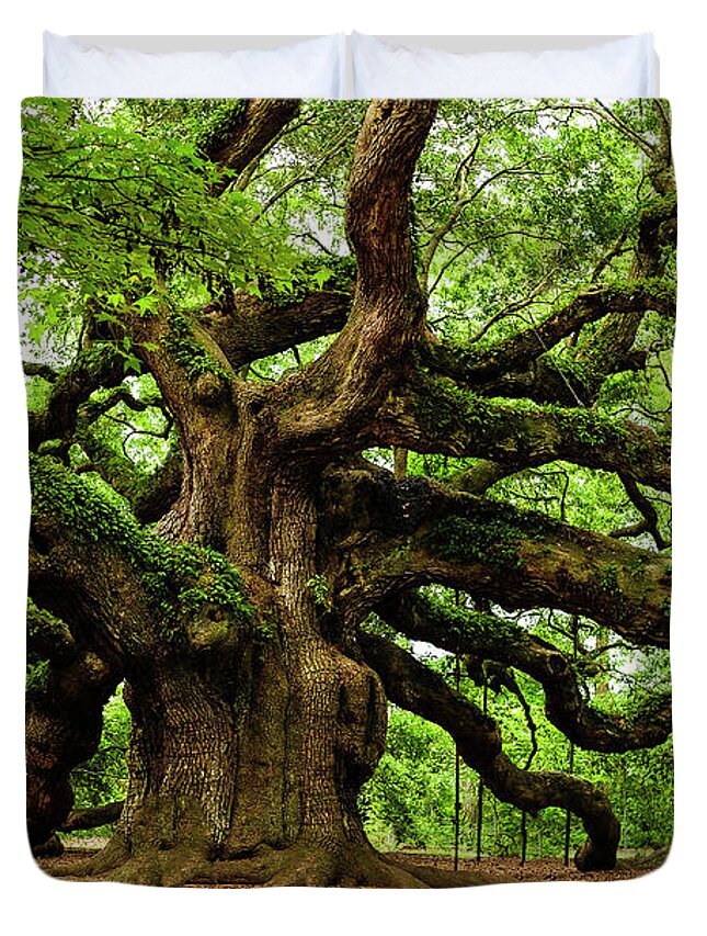 Charleston Tree Angel Oak South Carolina Johns Island Leaves Angel Oak Tree Live Oak Nature Trees Landscape Green Oak Tree Branches Moss Low Country Duvet Cover featuring the photograph Magnificent Angle Oak 2 by Louis Dallara