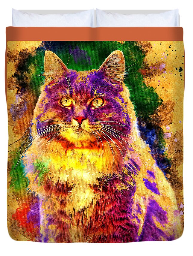 Maine Coon Duvet Cover featuring the digital art Maine Coon cat sitting - digital painting with vintage look by Nicko Prints