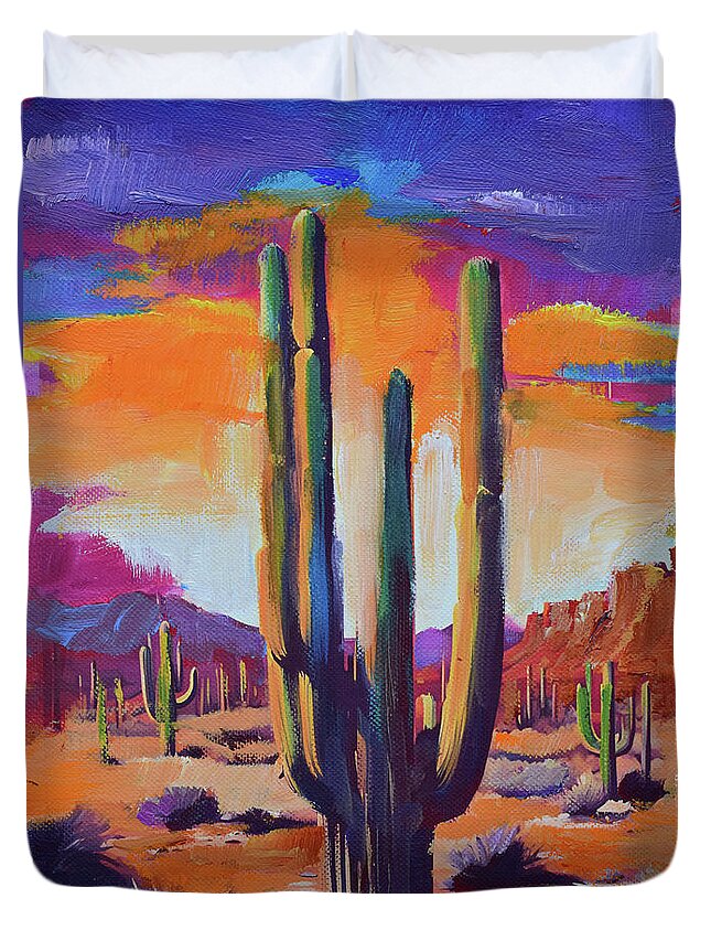 Saguaro Duvet Cover featuring the painting Majestic Desert Sentinel by Elise Palmigiani