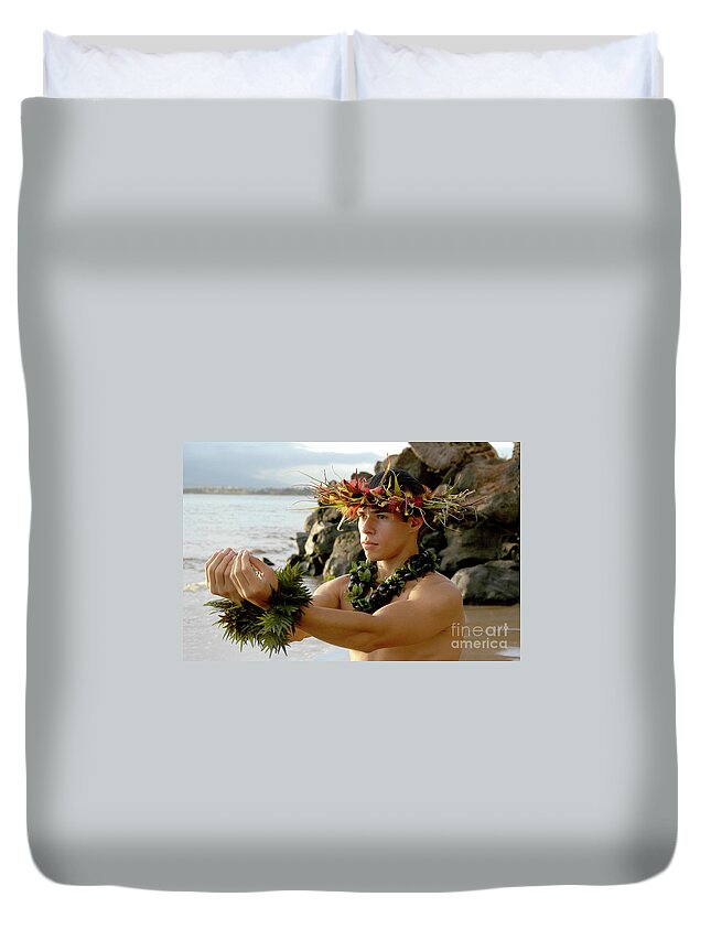 Male Hula Dancer Duvet Cover featuring the photograph Male Hula Dancer poses with hands reaching out by Gunther Allen