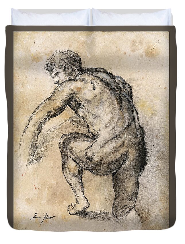Nude Art Duvet Cover featuring the painting Male nude drawing by Juan Bosco