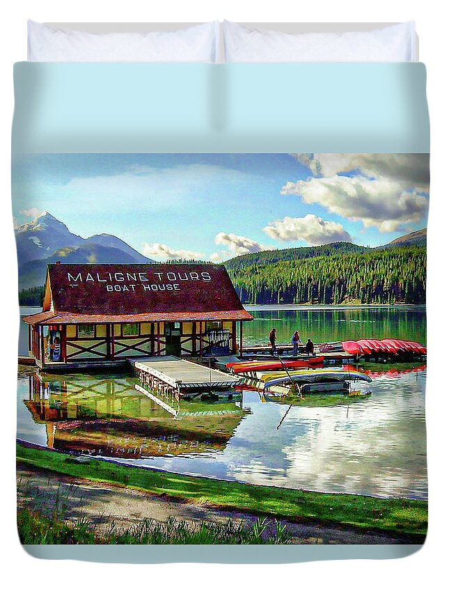 Maligne Lake Boat House Fine Art Print Duvet Cover featuring the photograph Maligne Lake Boat House by Jerry Cowart