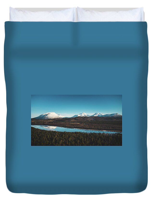 Touristic Duvet Cover featuring the photograph Malselva River with a reflection on the snow-covered hills by Vaclav Sonnek