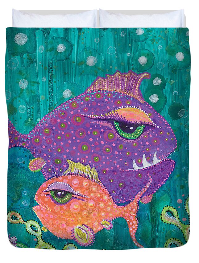 Fish School Duvet Cover featuring the painting Fish School by Tanielle Childers