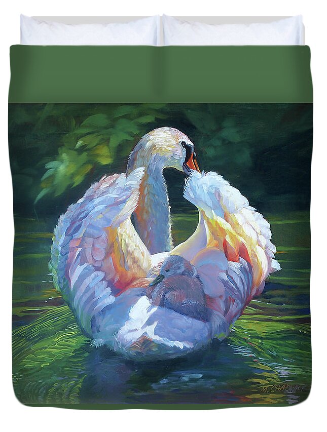 Swan And Cygnet Duvet Cover featuring the painting Mama's Soft Embrace by Marguerite Chadwick-Juner