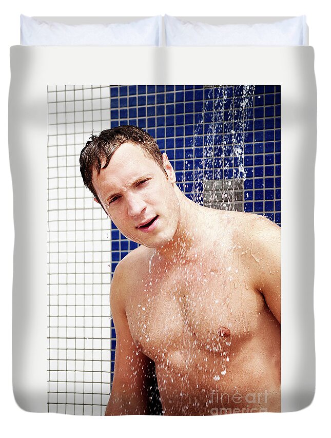 Shower Duvet Cover featuring the photograph Man under the shower by Jelena Jovanovic