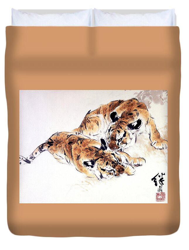 Liu Jiyou Duvet Cover featuring the painting Manchurian Tigers by Liu Jiyou