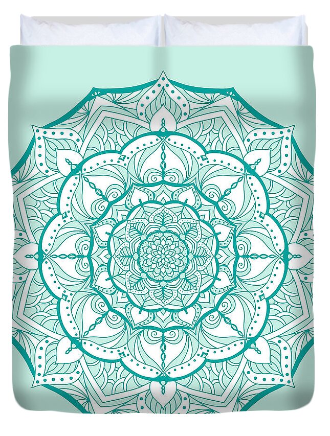 Mandala Duvet Cover featuring the digital art Mandala Minty Bloom by Angie Tirado