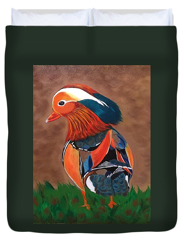  Duvet Cover featuring the painting Mandarin Duck-Fowl Play by Bill Manson