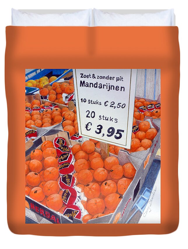 Orange Duvet Cover featuring the mixed media Mandarins by Constance DRESCHER