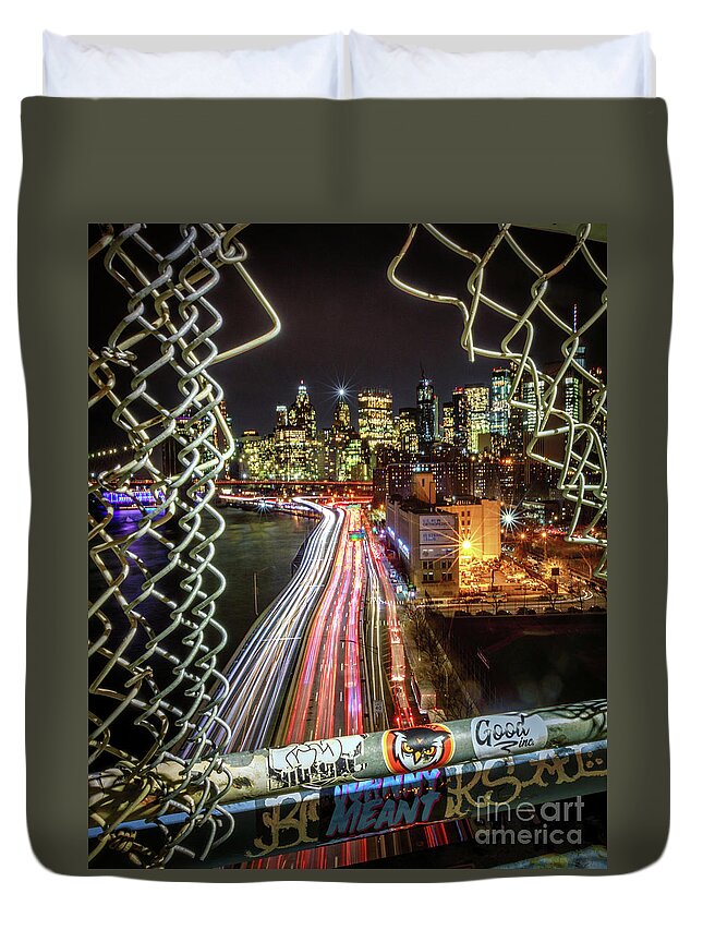 New York Duvet Cover featuring the photograph Manhattan At Night by Lev Kaytsner