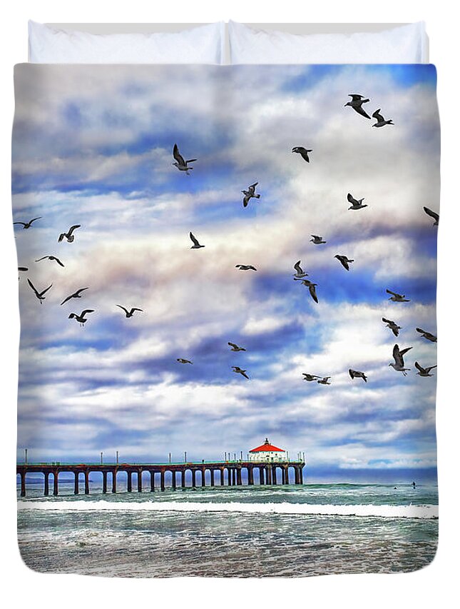 Gulls Duvet Cover featuring the photograph Manhattan Beach Pier And Seagulls, Sunrise, California by Don Schimmel