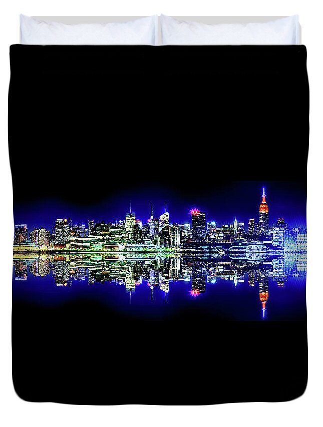 New York City Skyline At Night Duvet Cover featuring the photograph Manhattan Cityscape Reflections by Az Jackson