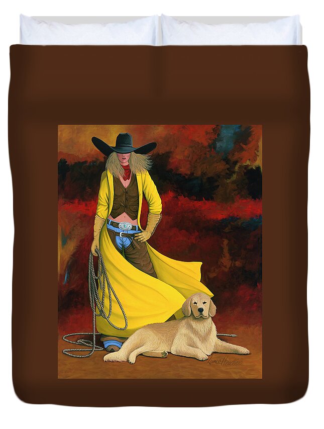 Cowgirl Girl And Dog Duvet Cover featuring the painting Man's Best Friend by Lance Headlee