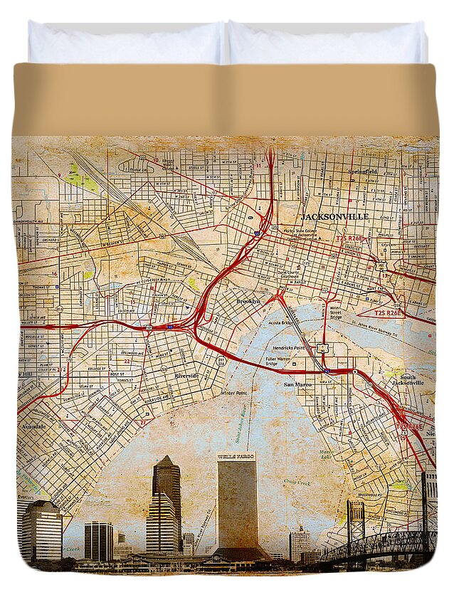 Map Duvet Cover featuring the digital art Map of Downtown Jacksonville, Florida, and skyline blended on old paper by Nicko Prints